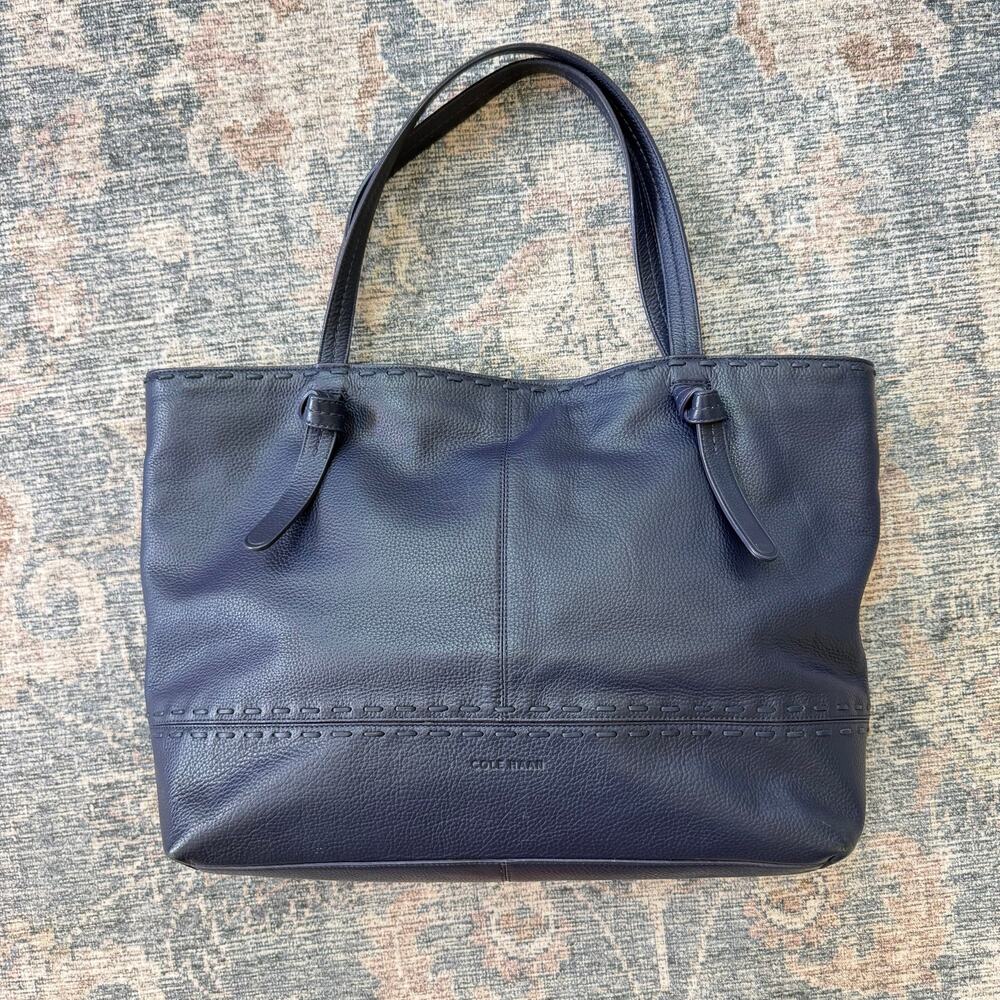 Cole Haan Dark Navy Blue Leather Knot Strap Magnetic Tote Bag Purse